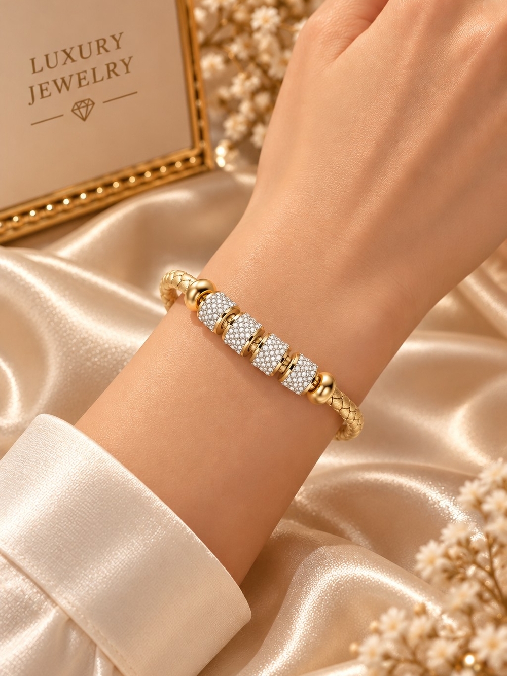 Gold and White Pavé Bead Bracelet - Luxury Women’s Jewelry